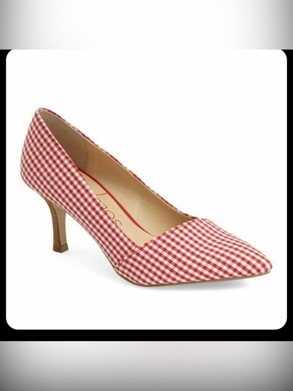 NWOT Sole Society Angelica Women Pointed Toe Heels Red White Gingham Plaid Sz 5